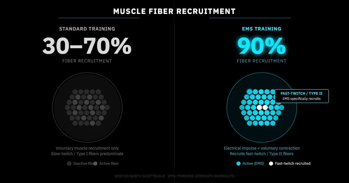 Muscle fiber recruitment infographic: Standard Training 30-70% vs EMS Training up to 90%, with fast-twitch Type II fiber callout on EMS side